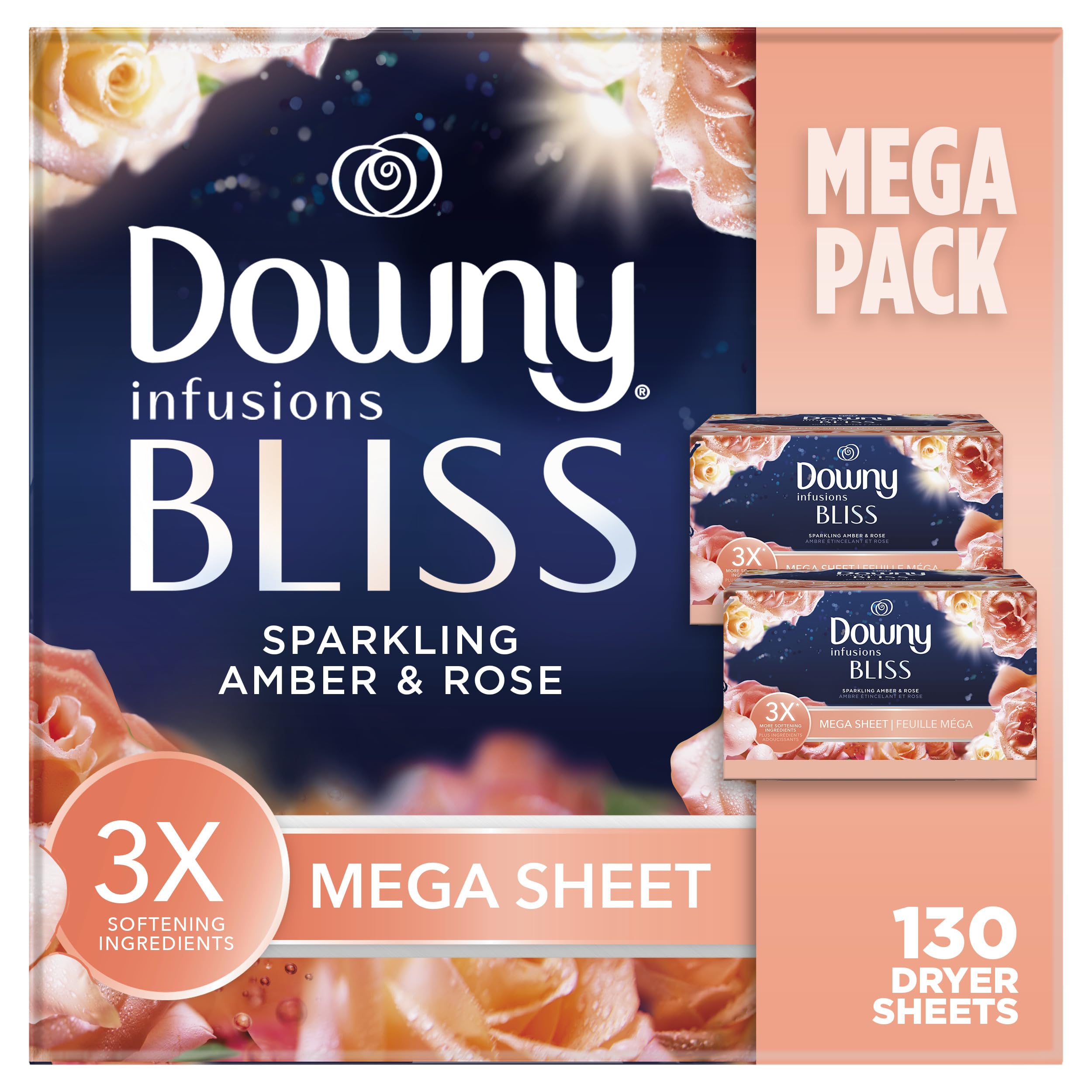 Photo 1 of Downy Infusions Mega Dryer Sheets, Laundry Fabric Softener, BLISS, Amber and Rose, 130 Count