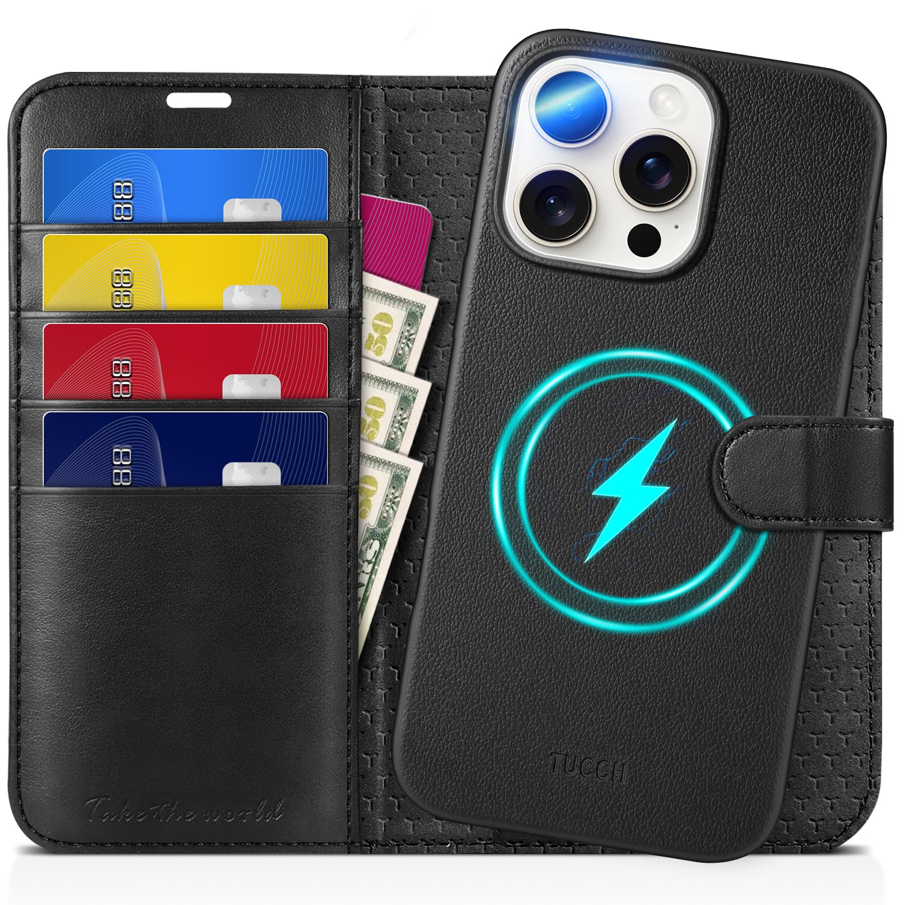 TUCCH Case for iPhone 16 Pro Max (6.9"), 2-in-1 [Detachable]RFID Blocking 4 Card Holders[Wireless Charging]Shockproof Wallet Flip Stand Cover, Magnetic PU Leather Removable Foldable Folio, Full Black