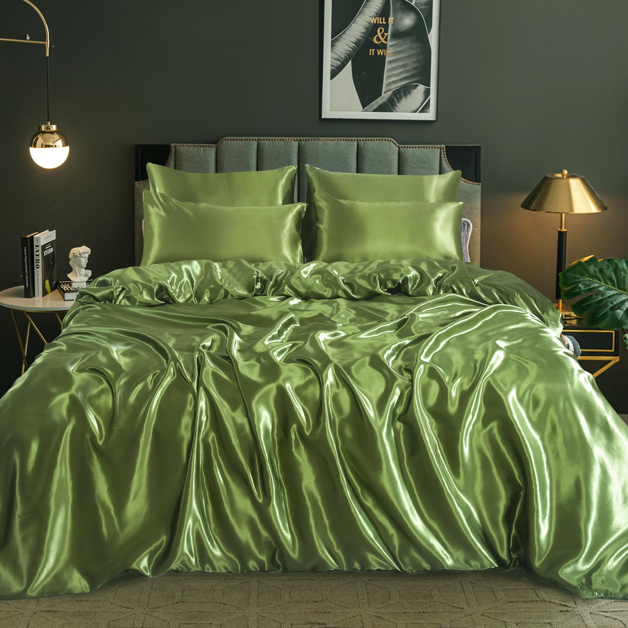 ROOEE Satin Silk Complete Bedding Set - 6 PCS - Fitted sheet, Duvet Cover, 4 Pillow Cases. Color - Olive-Green Size - King — image 1
