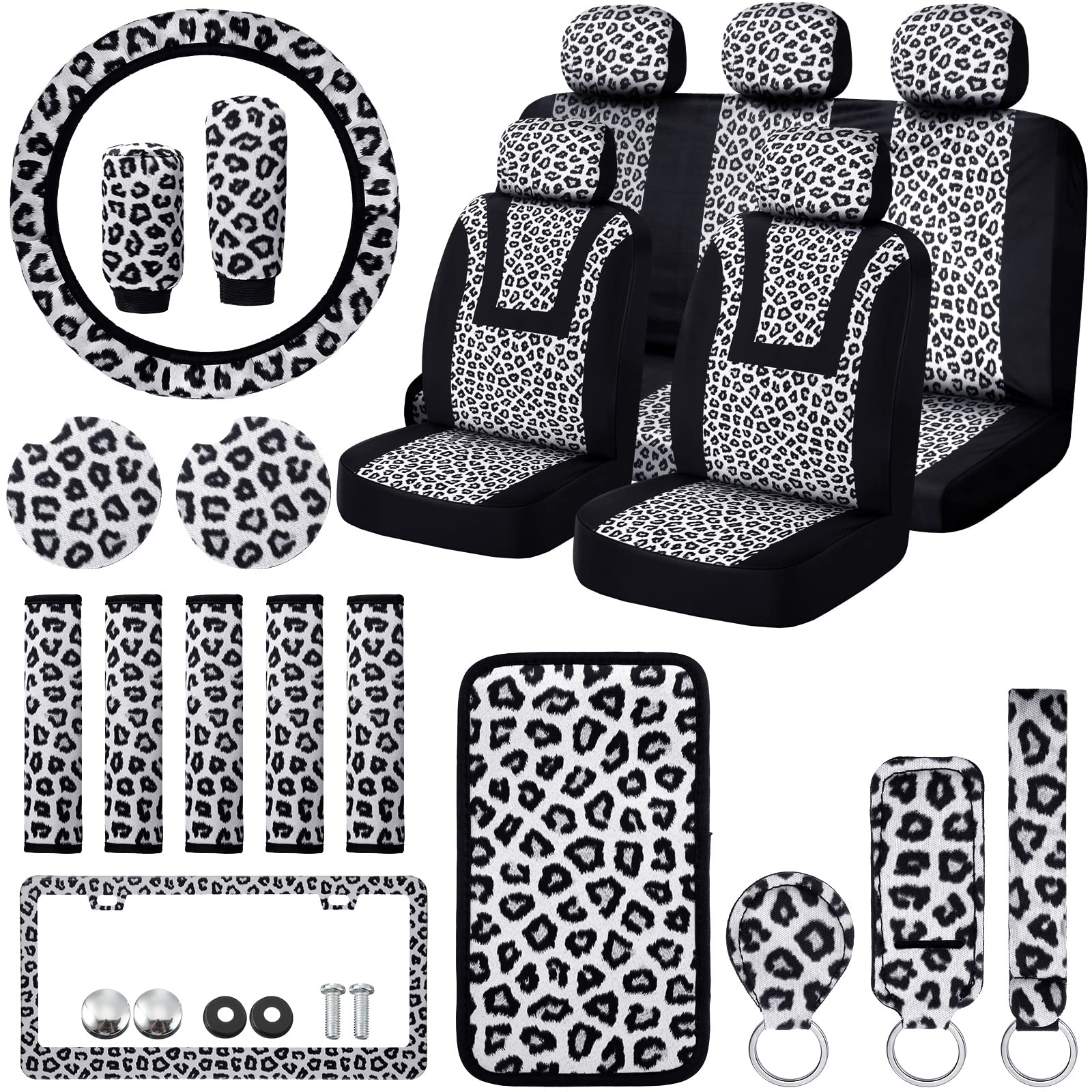 Photo 1 of Frienda 24 Pcs Leopard Car Accessories Leopard Car Seat Cover Full Set Cheetah Steering Wheel Metal License Plate Headrest Seat Belt Armrest Pad Handbrake Gear Cover Keyring(White Black)