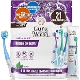 GuruNanda Disposable Travel Toothbrush 2.0, Fluoride Free Toothpaste, 21 ct | 6-In-1 Ready-To-Go Soft Toothbrushes with Tongue Scraper, Floss &amp; Toothpick|Individually Wrapped|Made with Recycled Plastic