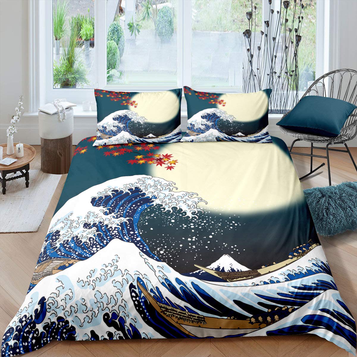 Japanese-Style Duvet Cover Wave Decor Ukiyo-e Theme Bedding Set With Zipper Ties - Maple Leaf Moon Printed Comforter Cover, Soft Microfiber Quilt, 1 Duvet Cover and 2 Pillow Cases, Super King