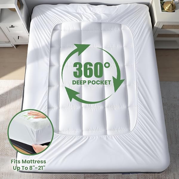 JOLLYDAY BAMBOO VISCOSE MATTRESS TOPPER & PROTECTOR – QUILTED SOFT DESIGN FOR BACK PAIN RELIEF & ENHANCED COMFORT, GREEN (QUEEN)