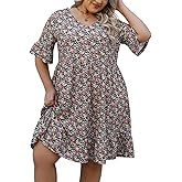 Celkuser Plus Size Summer Midi Casual Ruffle Short Sleeve Dress Lightweight Flowy Babydoll Beach Dress for Women with Pocket