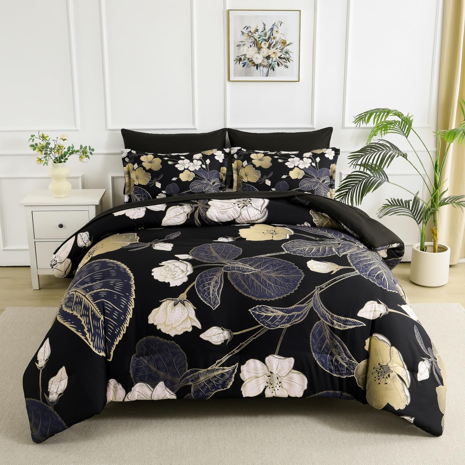 Yogeneg 7 Piece Bed in a Bag King Size Comforter Set Black Bedding Set,Pink Gold Floral Leaves Printed on Reversible Design,Soft Microfiber Comforter with Sheet Set,All Season(Black Pink,King)