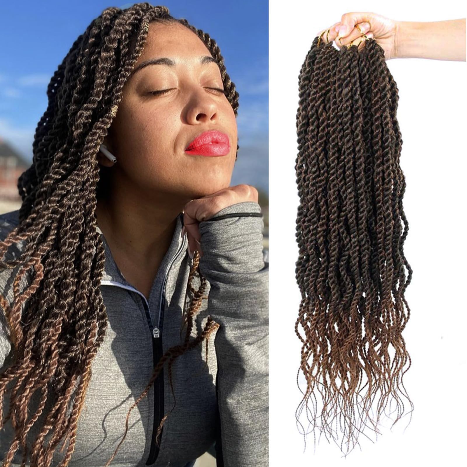 View 1 of 18Inch Wavy Senegalese Twist Crochet Hair Braids Wavy Ends Synthetic Hair Extension Curly Crochet Twist Braiding Hair (8Packs,T1B/30)