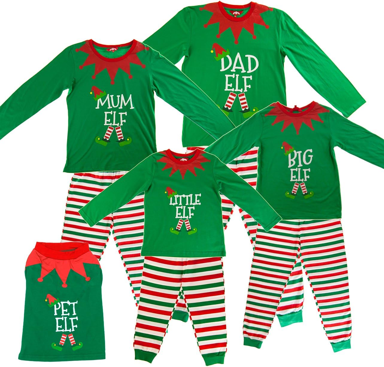 Made By Elves Elf Pyjamas Christmas Family PJs - Dad, Mum, Big, Little and Pet Elf