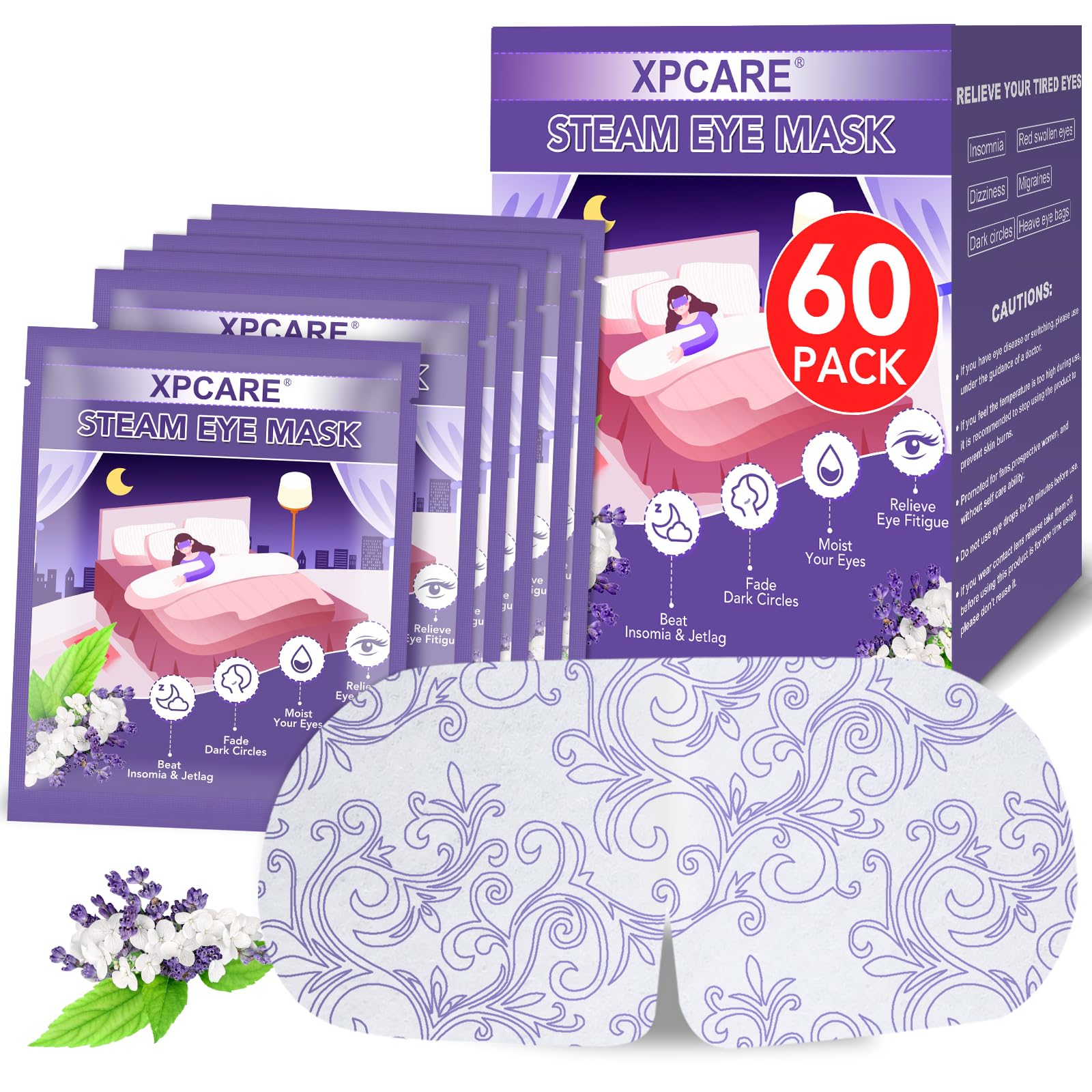 Photo 1 of XPCARE 60 Pack Steam Eye Masks for Dry Eyes, Self Heated Steam Warm Eye Mask, Disposable Heated Eye Mask for Dark Circles, Puffy Eyes, Relief Stress Eye Fatigue (Lavender)