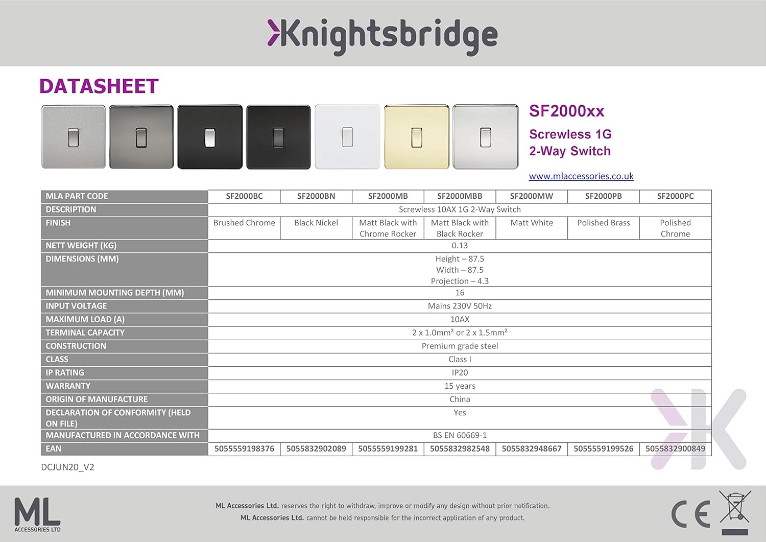 Knightsbridge SF2000MBB Screwless 1G 2-Way Switch, 230 V, Matt Black, Black / Black, Light Switch 1G - Image 5