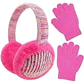 W&LESVAGO Kids Cat Ear Earmuffs with Matching Gloves, Winter Plush Ear Warmers and Sequin Headband Set for Girls