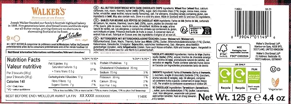 WALKER’S SHORTBREAD CHOCOLATE CHIP COOKIES, PURE BUTTER SHORTBREAD COOKIES, 4.4 OZ (PACK OF 4)