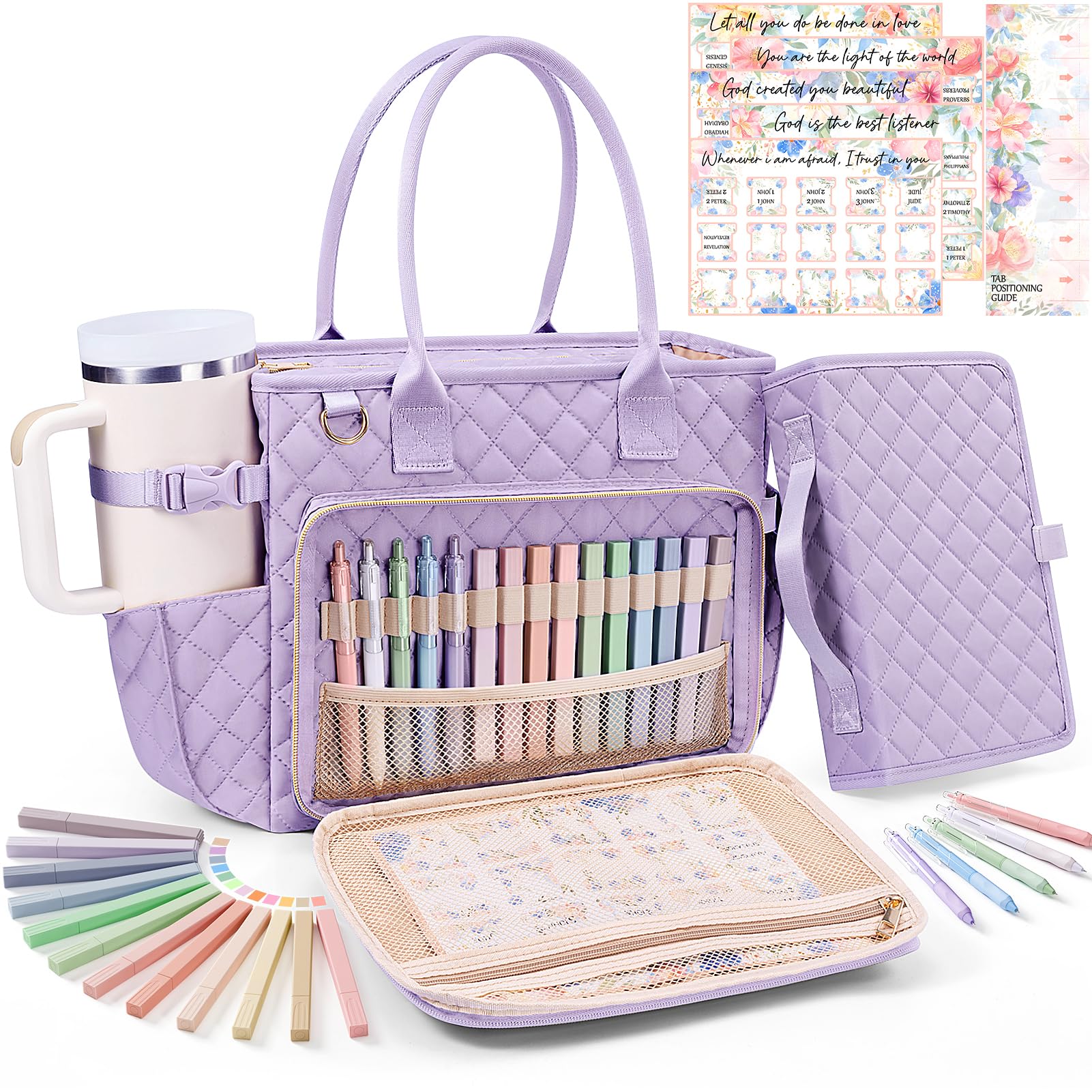 Photo 1 of Large Bible Bag with Bible Cover Case for Women, Quilted Church Tote Bag Book Carrying Case w/Shoulder Strap,Bible Study Supplies Journaling Kit Accessories Valentines Day Christian Gift for Women Her