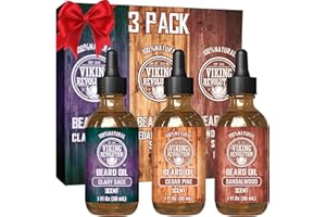 Viking Revolution Beard Oil for Men 3 Pack - Natural Mens Beard Oil Variety Set - Sandalwood, Pine and Cedar, Clary Sage Scents - Beard Conditioning and Moisturizing for a Healthy Beard (3 Pack, 1oz)