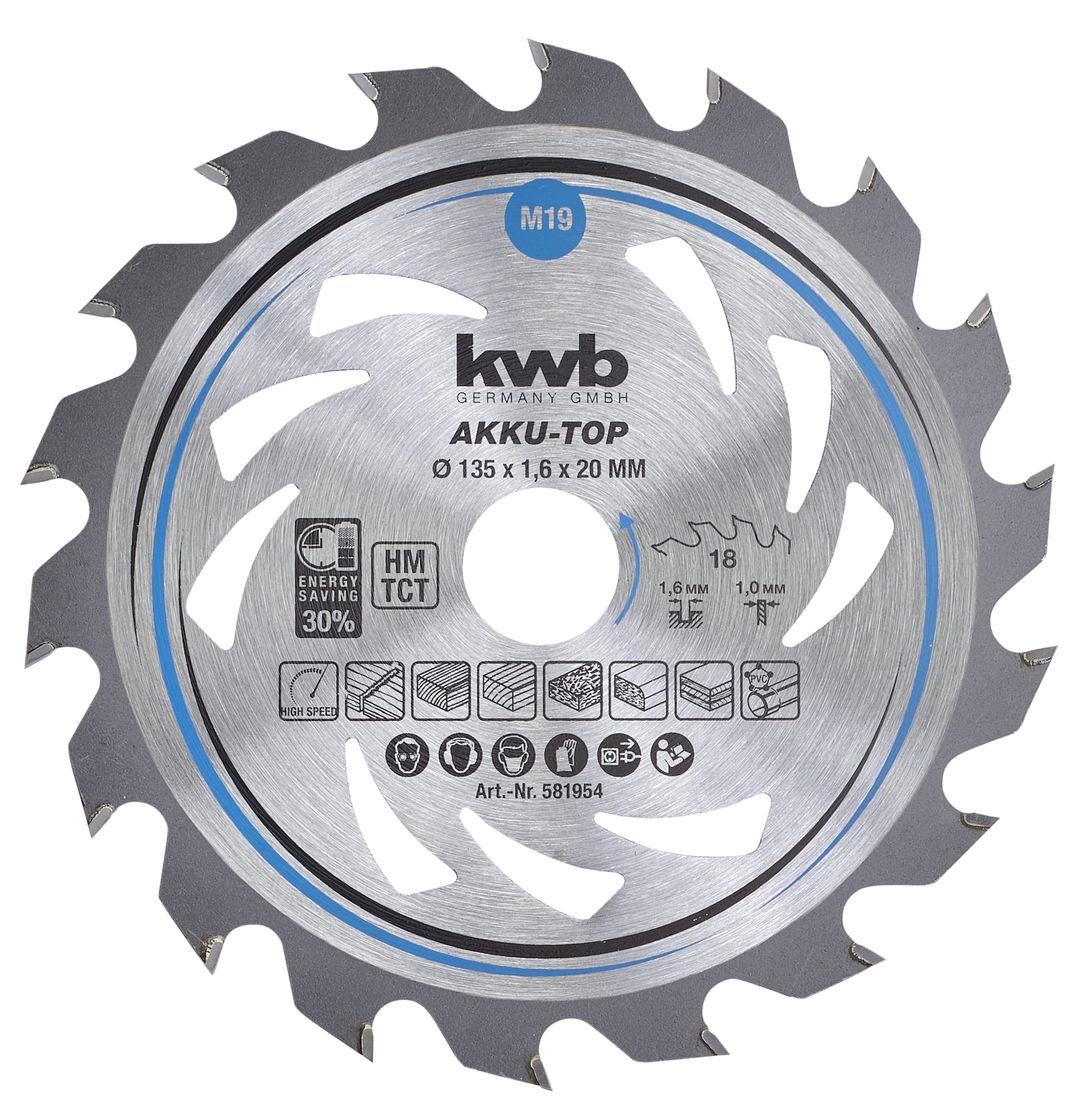 kwb 581954 Energy-Saving Circular Saw Blade Easy Cut, Ø 135 x 20 mm Thin Cut with Special Alternate Tooth 18 Teeth Z18, AKKU-TOP Thin Cut, 135 x 20