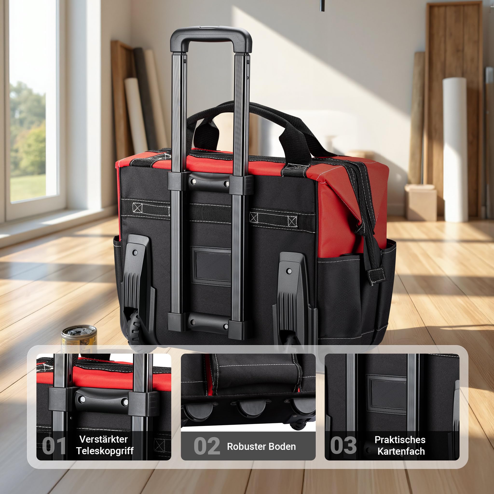 Wiltec Werkzeugtrolley 46 x 25 x 37 cm bis 40 kg, Werkzeugkoffer mit Rollen 19 Fächer, Werkzeug Trolley verstärkter Boden, robuste Werkzeugtasche 6