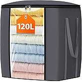 TasticTotes 120L Extra Large Blanket Clothes Storage Bags, Gray, 1 Pack | Foldable Blanket Storage and Organization, Thick Fabric Containers with Reinforced Handles &amp; Zippers for Comforters, Bedding