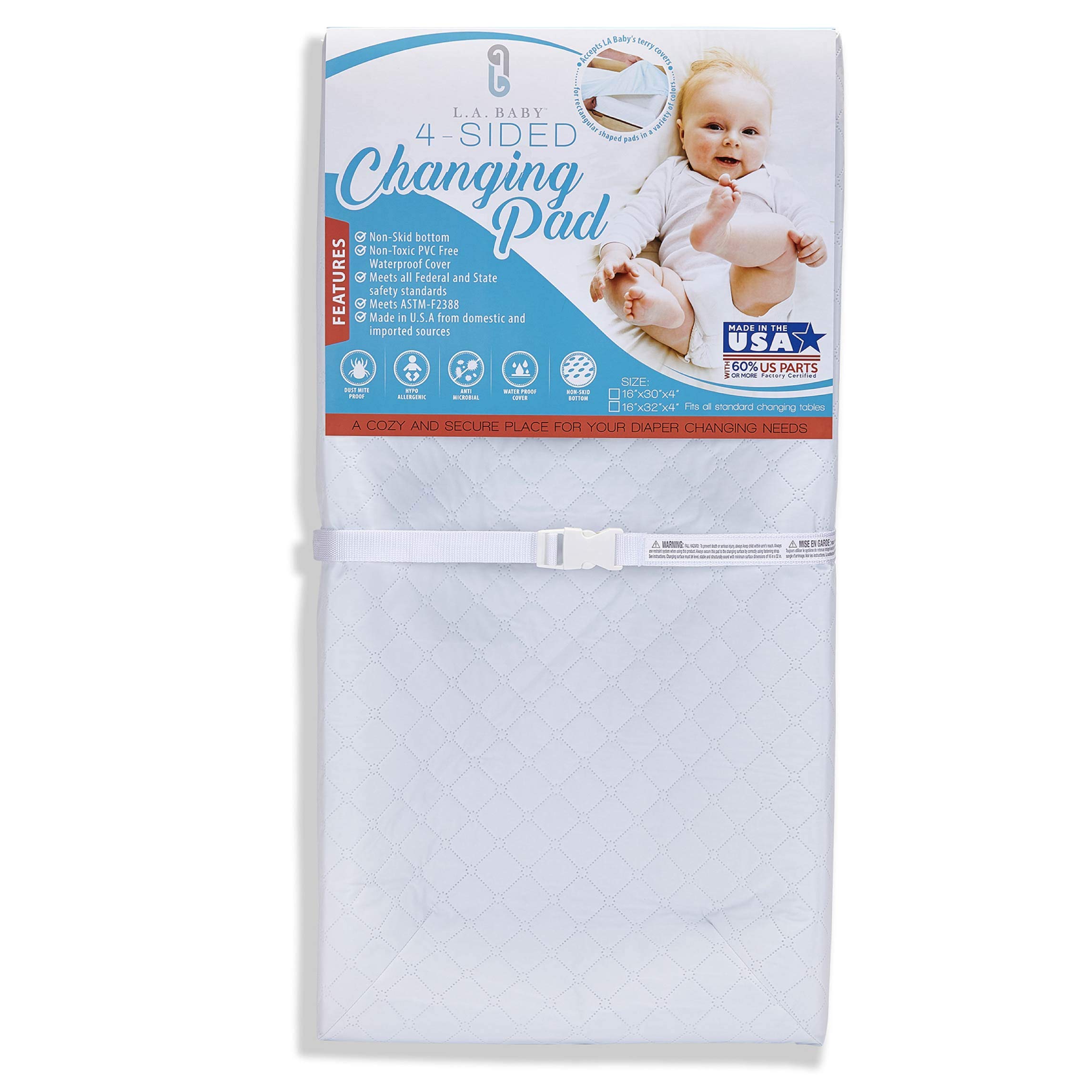 LA Baby 4-Sided Waterproof Diaper Changing Pad, 30" with Easy to Clean Quilted Cover - Made in USA. Non-Skid Bottom, Safety Strap, Fits All Standard Changing Tables/Dresser Tops