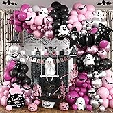 Halloween Balloon Arch Garland Kit, 126Pcs Pastel Light Pink Bright Dark Hot Pink Black Metallic Silver Balloons with 3D Bat Foil Balloon for Scary Halloween Spooky Indoor Outdoor Party Decorations