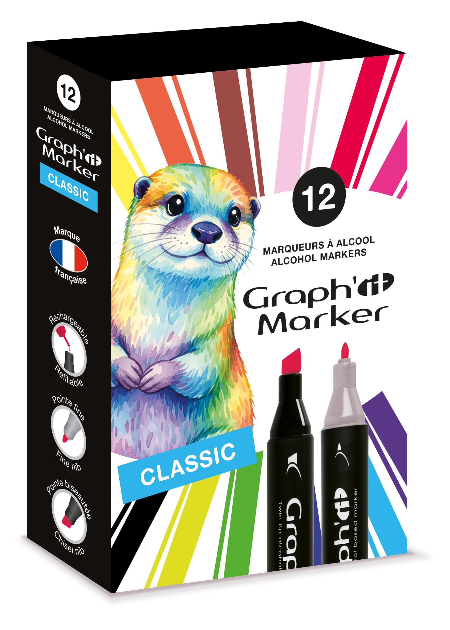 Graph'it - Set of 12 Double Tip Alcohol Markers: Fine and Chisel for Manga Drawing, Illustration, Colouring, Sketching, Writing - Refillable - Classic Set