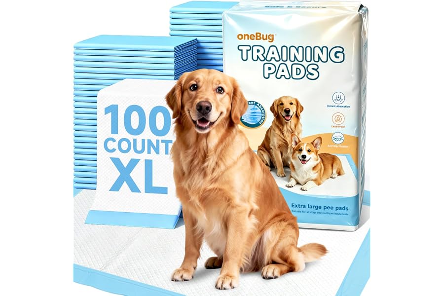 OneBug Super Absorbent Leakproof Disposable Dog Pee Pads, 100 Count | Puppy Training Pads 28x34in,XL Size,6-Layer,Quick-Dry, Odor Control,Tear-Resistant,Suitable for All Breeds , All Ages of Dogs