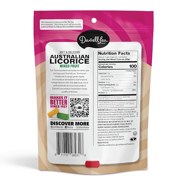 DARRELL LEA SOFT AUSTRALIAN LICORICE, NON-GMO, NO PALM OIL, VEGETARIAN FRIENDLY, NO HIGH FRUCTOSE CORN SYRUP, SOFT & CHEWY LICORICE CANDY, MADE IN AUSTRALIA (MIXED FRUIT, 7 OUNCE (PACK OF 1))