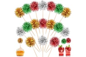 TBoxBo 120 Pcs Firework Cupcake Toppers Christmas Theme FoilFrill Toothpicks Cake Decorations Sparkle Tinsel Cupcake Toppers Cocktail Picks Firework Par