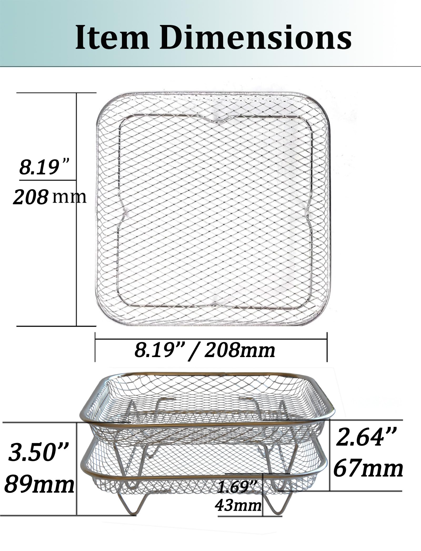 Dual-Layer Air Fryer Rack Set with Elevated and Regular Support Legs. 304 Stainless Steel Mesh Baskets, Square Air Fryer Accessories for Cosori, Instant Vortex, Chefman, Ninja Foodi Grill.