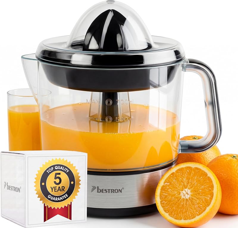 Bestron espremedor elétrico de frutas cítricas e laranja, incl. 2 cones espremedor e tampa aromática, motor com dois sentidos de rotação (esquerda/direita), capacidade: 0,7 litros, 40 watts, cor: prata
