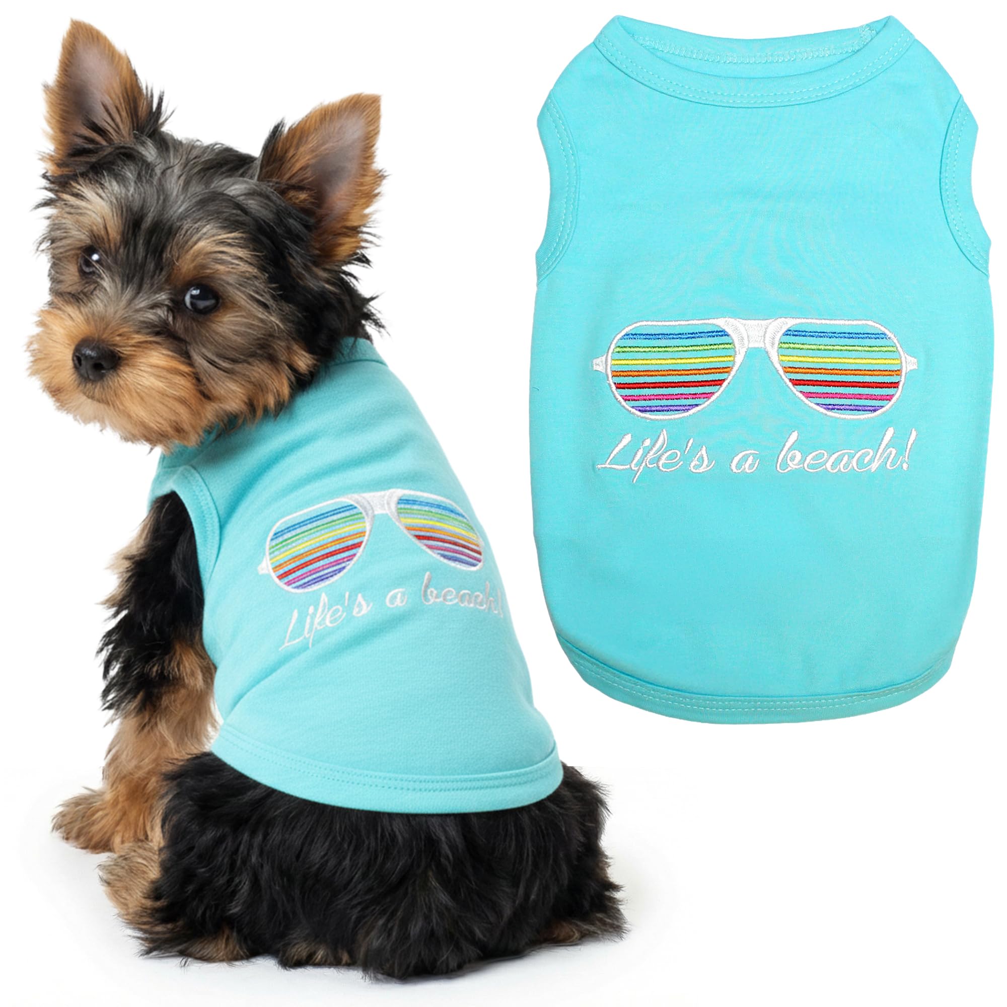 Parisian Pet Dog Tshirt - Embroidered “Life’s a Beach“ Lightweight Tank Top - 100% Cotton, Tee Shirts - Summer Dog Clothes - Machine Washable Shirts for Small Dogs - XS