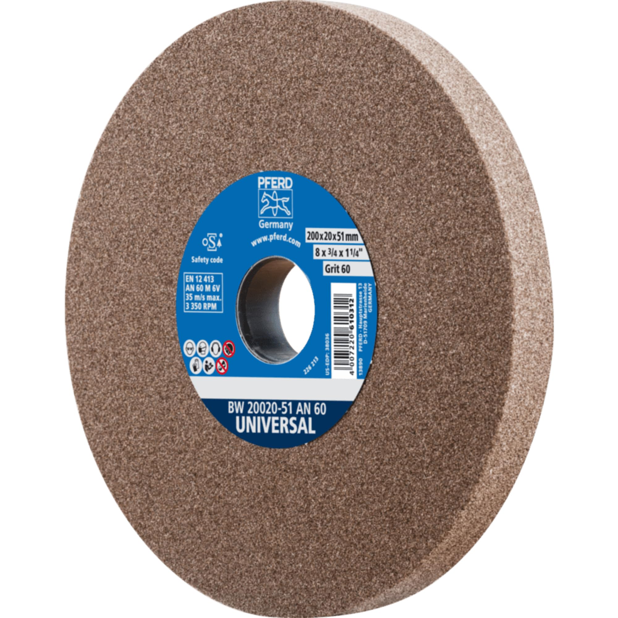 Pferd 39008436 Sanding Disc 200 x 20 x 32 Universal Grit Size 60 Normal Corundum Universal Sanding Disc with Integrated Reducing Sleeves (25/20/16 mm)