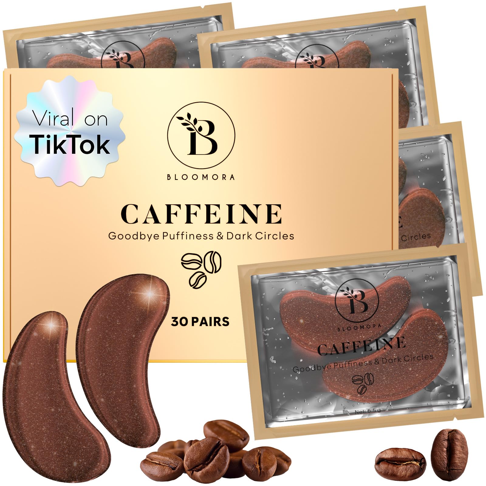 BLOOMORA Caffeine Under Eye Gel Patches (30 Pairs) - - Masks for Puffiness & Dark Circles - Caffeine Eye Patches