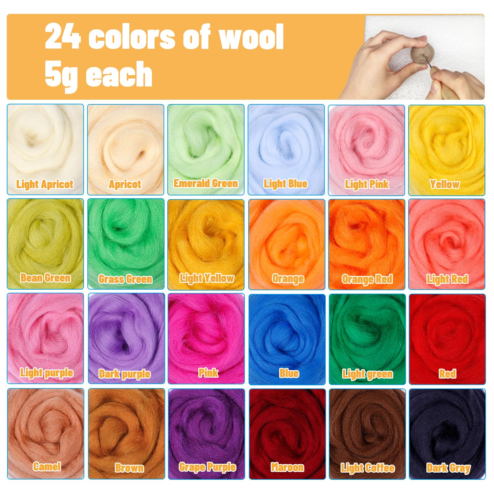 JUPEAN Needle Felting Kit, 24 Colors Wool Roving (5g/Color), Complete Needle Felting Starter Kit with Needle Felting Supplies Wool Fibre Spinning Craft Felting Kits for Beginners