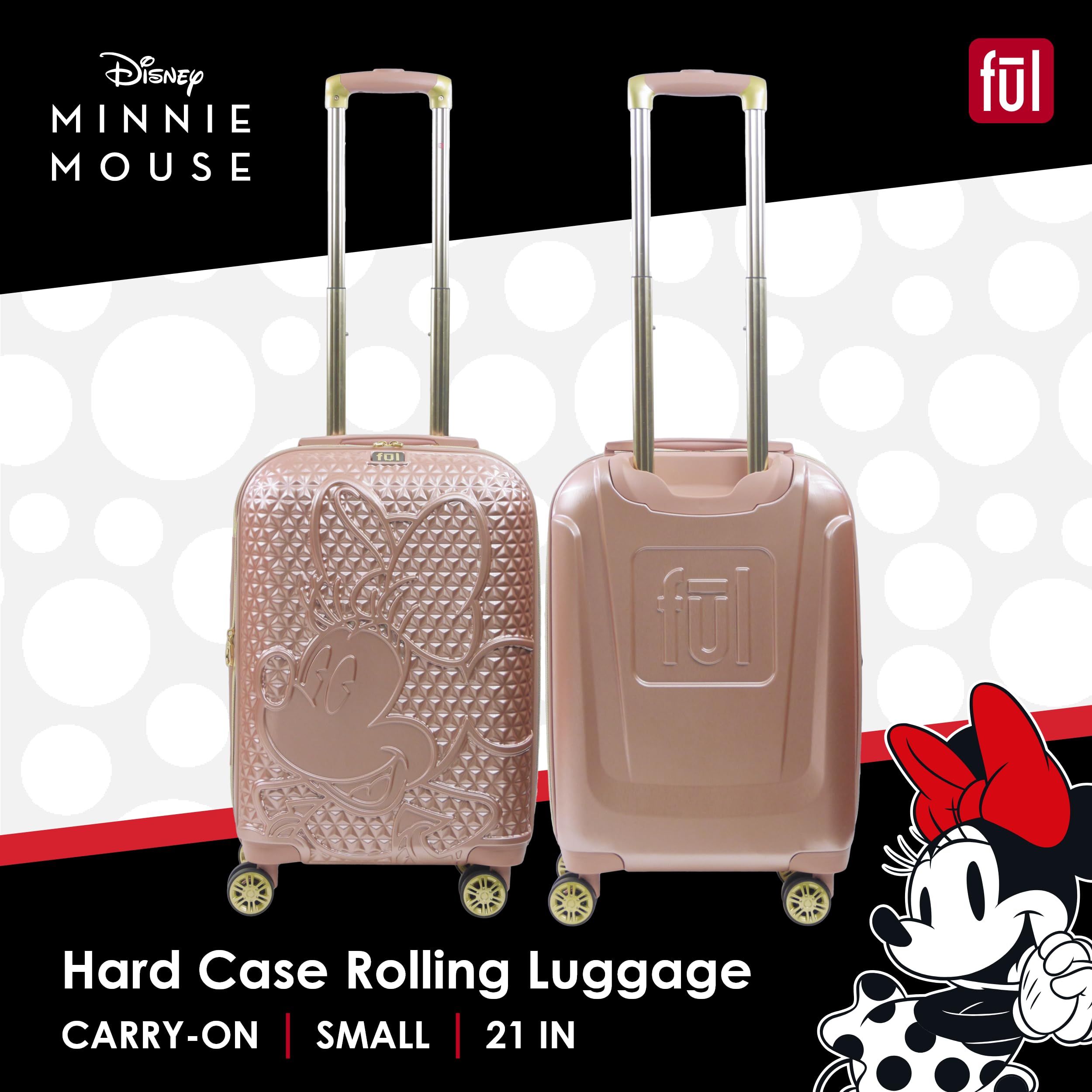 Disney Minnie Mouse 21 Inch Carry On Luggage, Textured Hardshell Rolling Suitcase with Spinner Wheels, Rose Gold