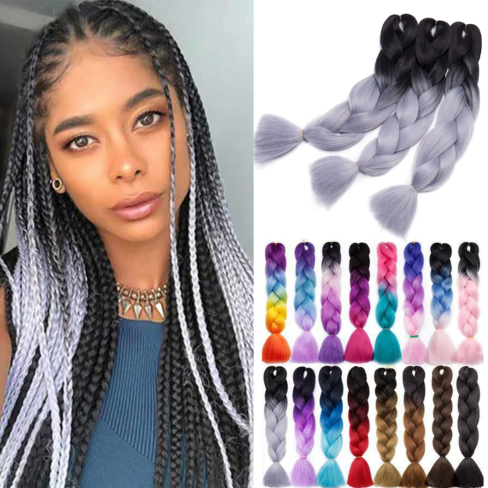 Jumbo Braiding Hair 24 inch Ombre Braid Hair Extensions Jumbo Box Braids Crochet Hair Long Rainbow Colorful for Women Kids DIY High Temperature Synthetic Fiber 5 Bundles Black to Grey