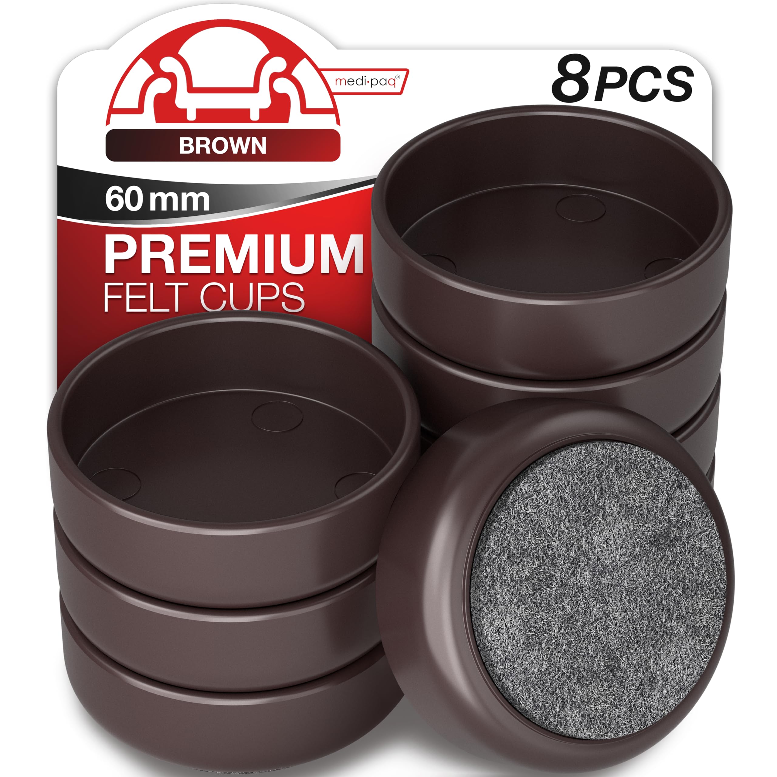 Medipaq Felt Castor Cups – 8x Large 60mm Solid Brown – Protects Wooden & Smooth Floors – Chair & Furniture Leg Protectors