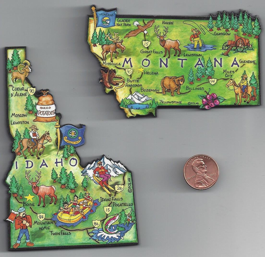 IDAHO and MONTANA STATE MAP ARTWOOD MAGNETS