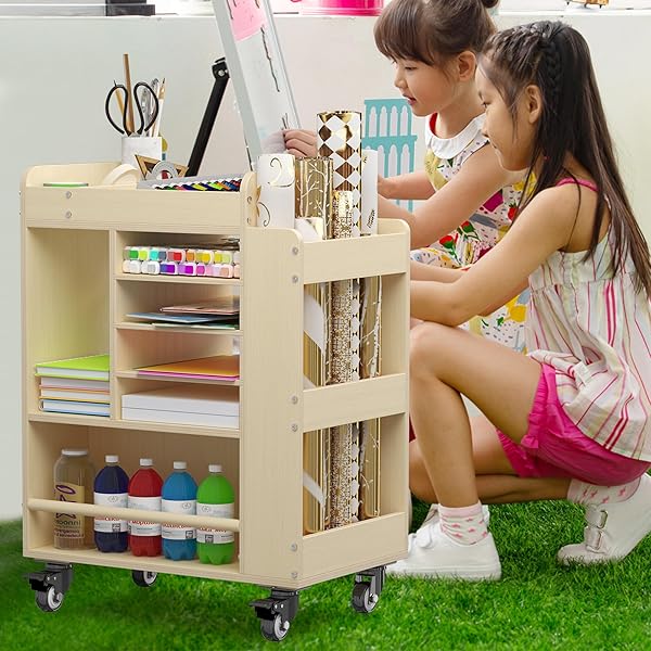 ART CART ROLLING WOOD, ARTS AND CRAFTS SUPPLY ORGANIZER, MULTI-FUNCTIONAL STORAGE CABINET CRAFTS, DIY UTILITY CART WITH PAPER STORAGE SHELF, ART SUPPLY HOLDER FOR CLASSROOM, OFFICE, BEDROOM