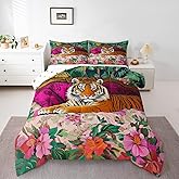 Erosebridal Tiger Comforter Set Woodland Animal King Bedding Set Boho Botanical Leaves Down Comforter for Kids Boys Girls,Flowers Plant Jungle Wildlife Tiger Quilt Set