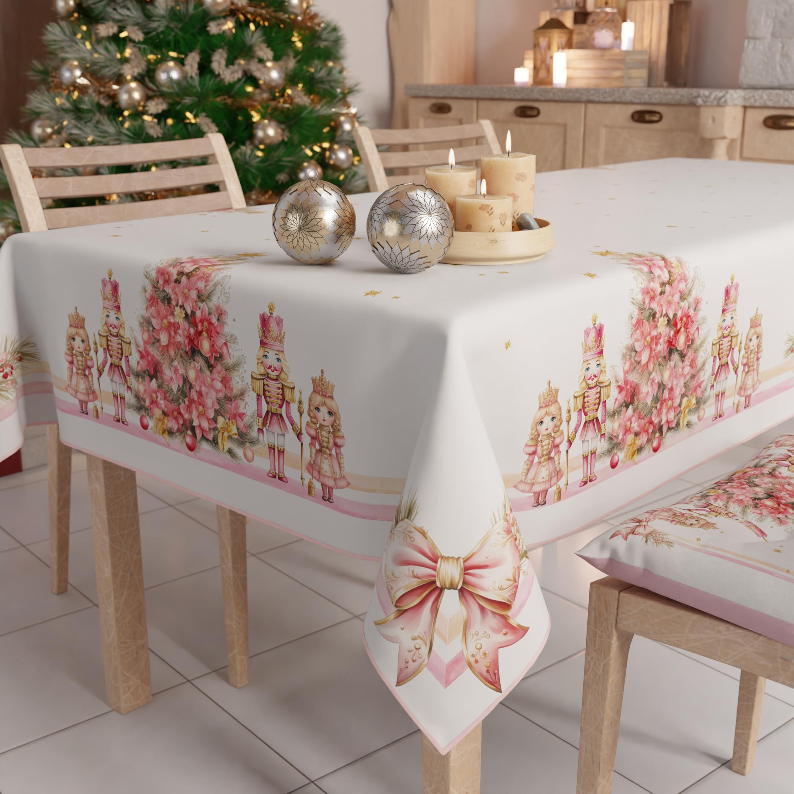PETTI Artigiani Italiani Stain-Resistant Tablecloth Christmas – 140x240 cm Rectangular Festive Table Cover for Kitchen or Dining Table, Pink Nutcracker Design – 12 Seats, 100% Made in Italy
