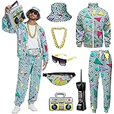 QPAXUCR 80s 90s Outfit for Men, Track Suit with Hip Hop Costume Accessories Set for Halloween 80s Themed Parties.