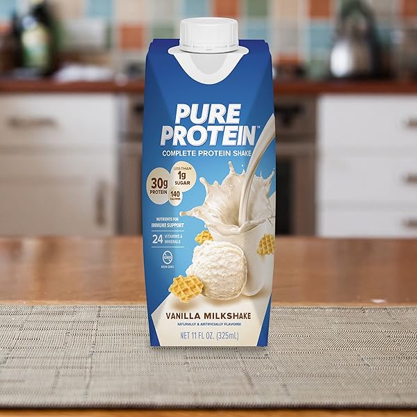 PURE PROTEIN VANILLA PROTEIN SHAKE, 30G COMPLETE PROTEIN, VITAMINS A, C, D, AND E PLUS ZINC TO SUPPORT IMMUNE HEALTH, READY TO DRINK AND KETO-FRIENDLY, 11OZ BOTTLES, 12 PACK