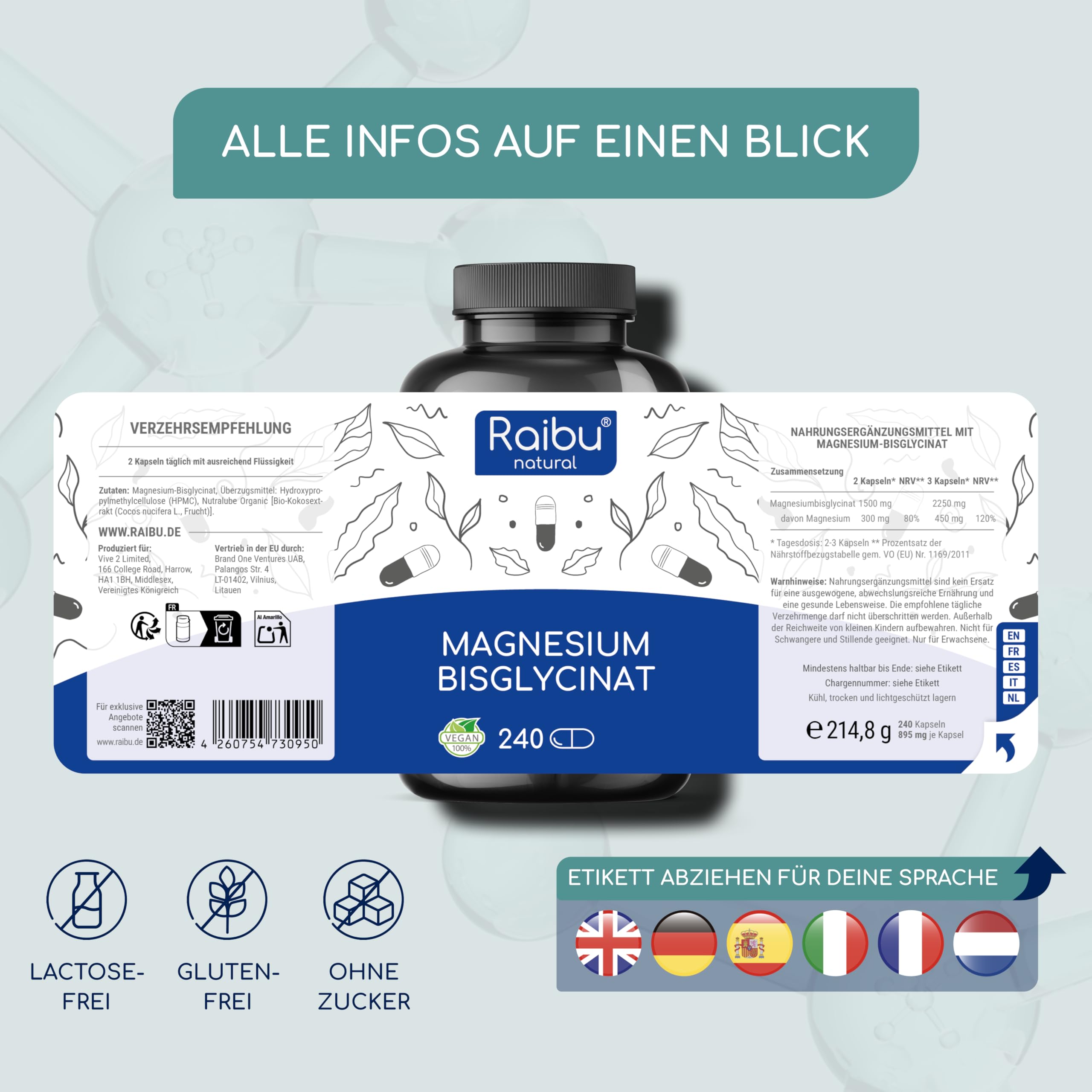 Magnesiumbisglycinat Kapseln - 450 mg elementares Magnesium pro Tag - 240 Kapseln, hochdosiert - hohe Bioverfügbarkeit & Premium chelatiertes Magnesium - 100% vegan, bis zu 4 Monate Vorrat 8