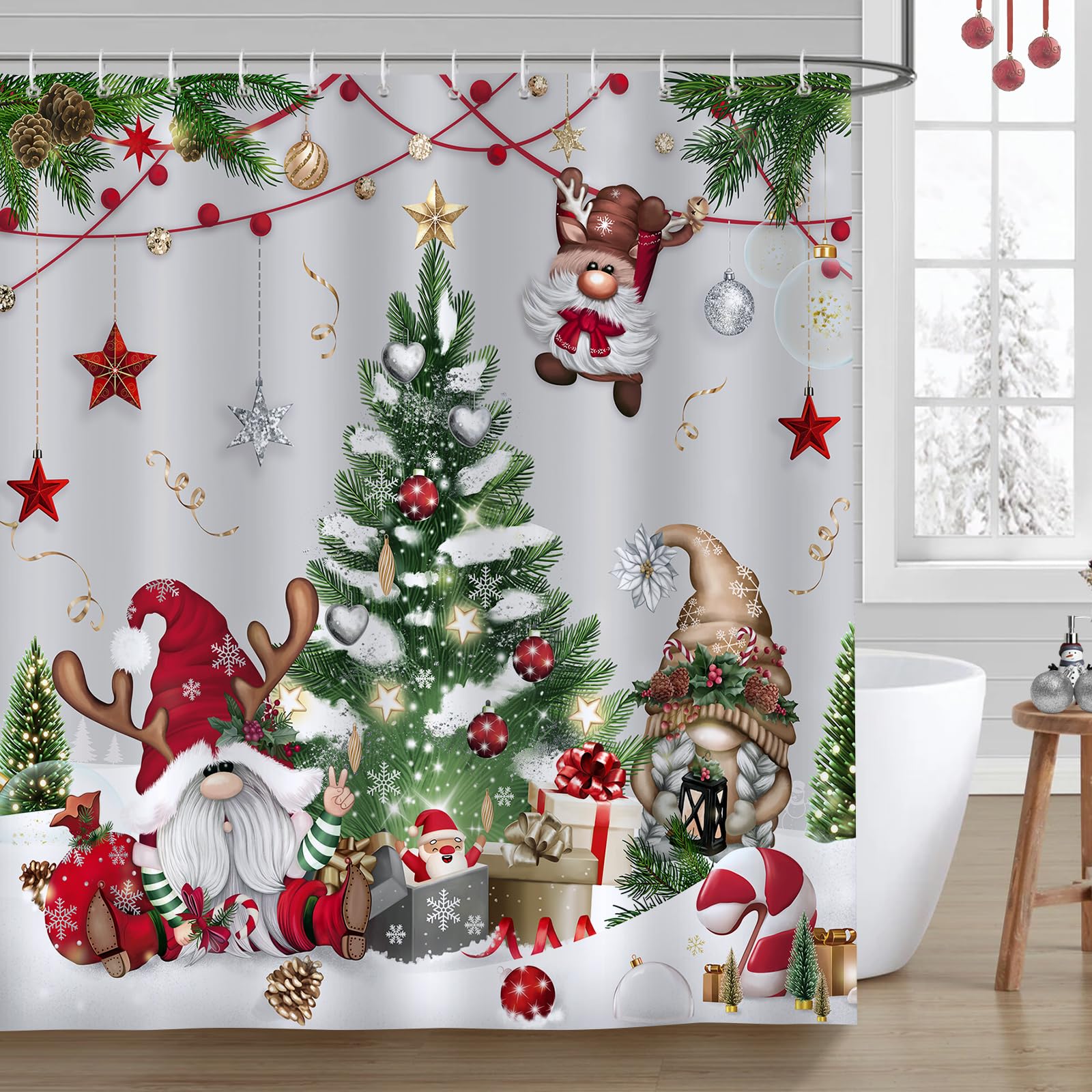 Bonhause Christmas Gnomes Shower Curtain Xmas Tree Balls Gift Boxes Winter Holiday Bathroom Curtain 180 x 180 cm Waterproof Mildew & Mould Resistant Polyester Fabric Bath Curtain with 12 Hooks