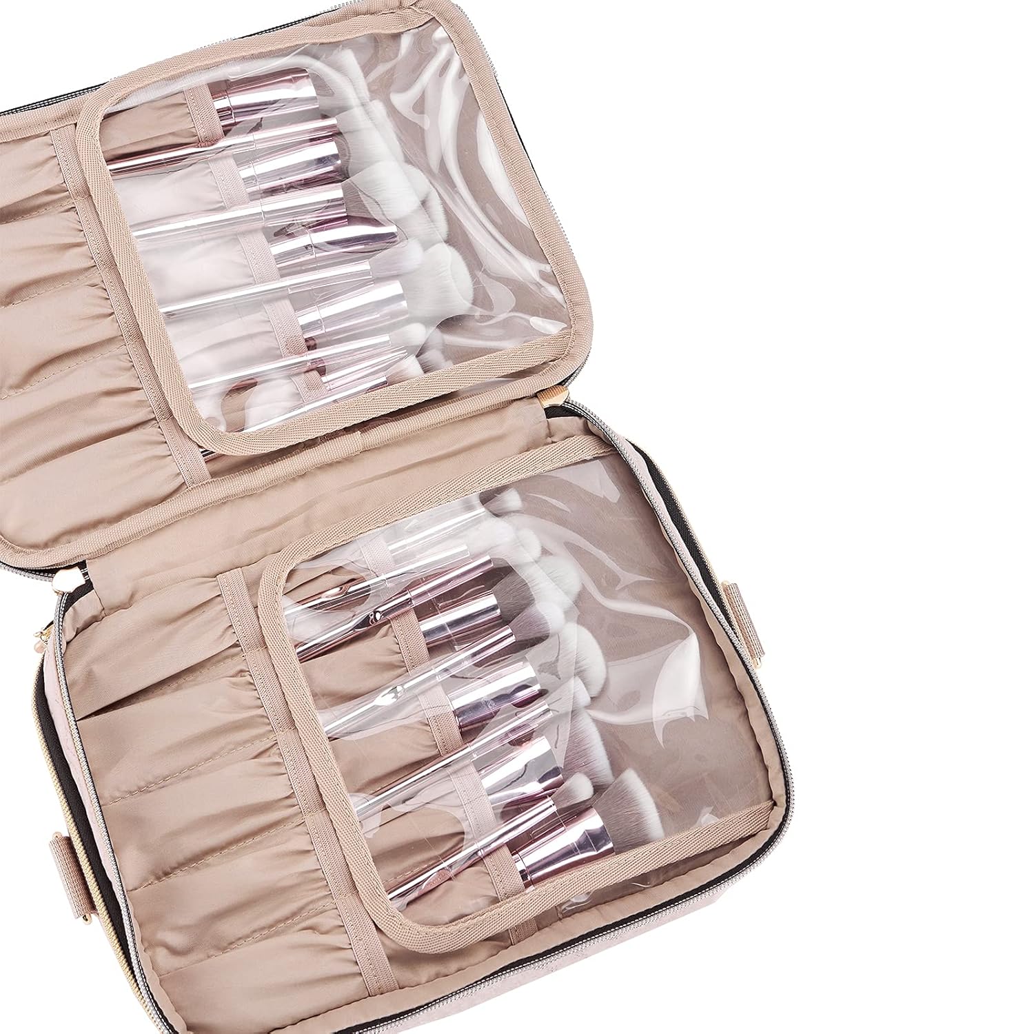 NISHEL Double Layer Travel Makeup Bag with Strap, Large Cosmetic Case Organizer Fits Bottles Vertically, Top Layer for Brushes, Tweezers, Eyeliner, Pink : Beauty