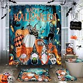 Tayney Halloween Bathroom Sets with Shower Curtain and Rugs, Gnomes | Set of 4 Pumpkins Truck Spooky Bathroom Decor Set with Toilet Lid Cover, Non-Slip Bath Mats and Accessories 12 Hooks