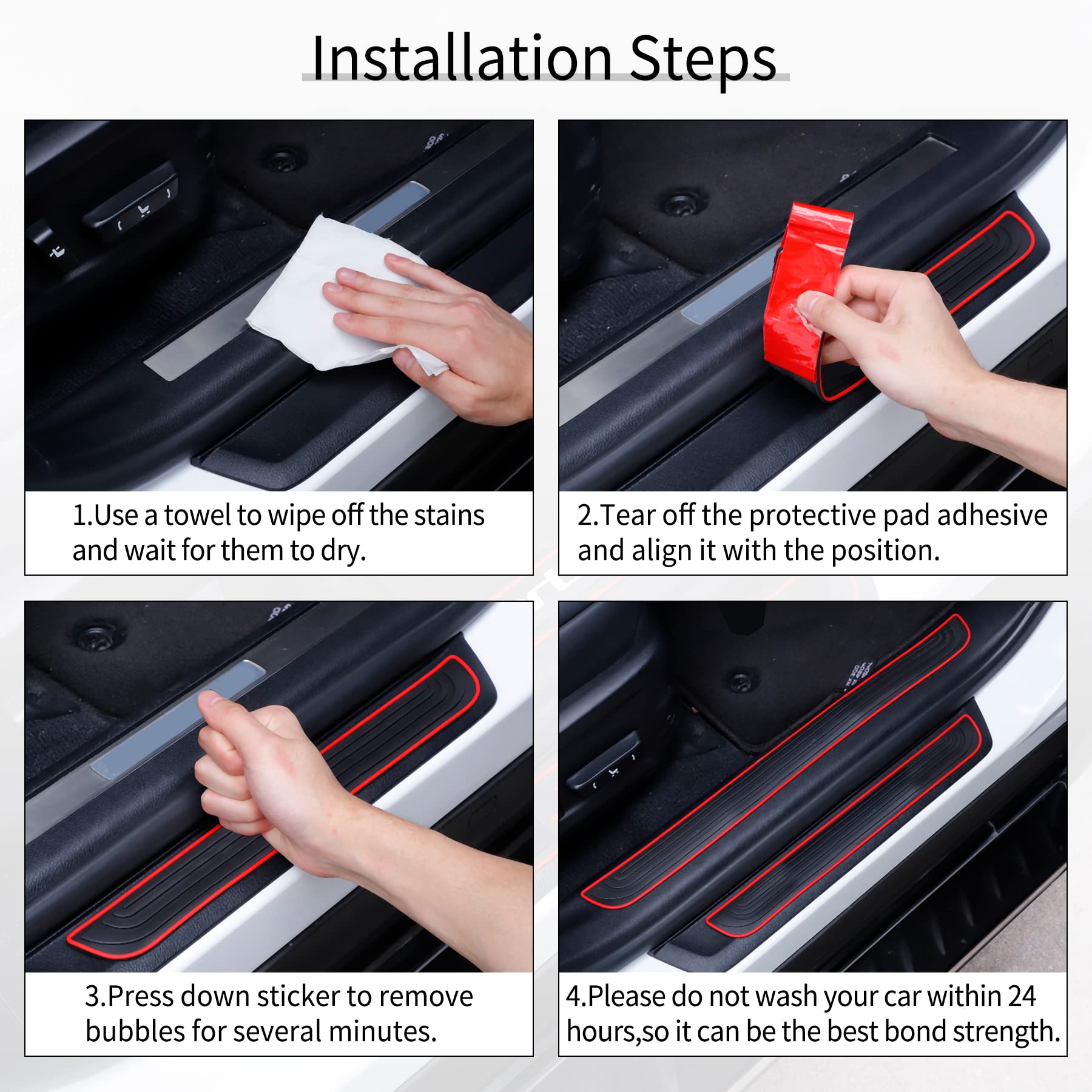 SINGARO Car Door Threshold Protection, 4PCS Door Edge Step Dust Shield Cover, Door Width 23.6x2.36inch Car/SUV Universal Rubber Scratch Resistant Exterior Accessories (Red borde)