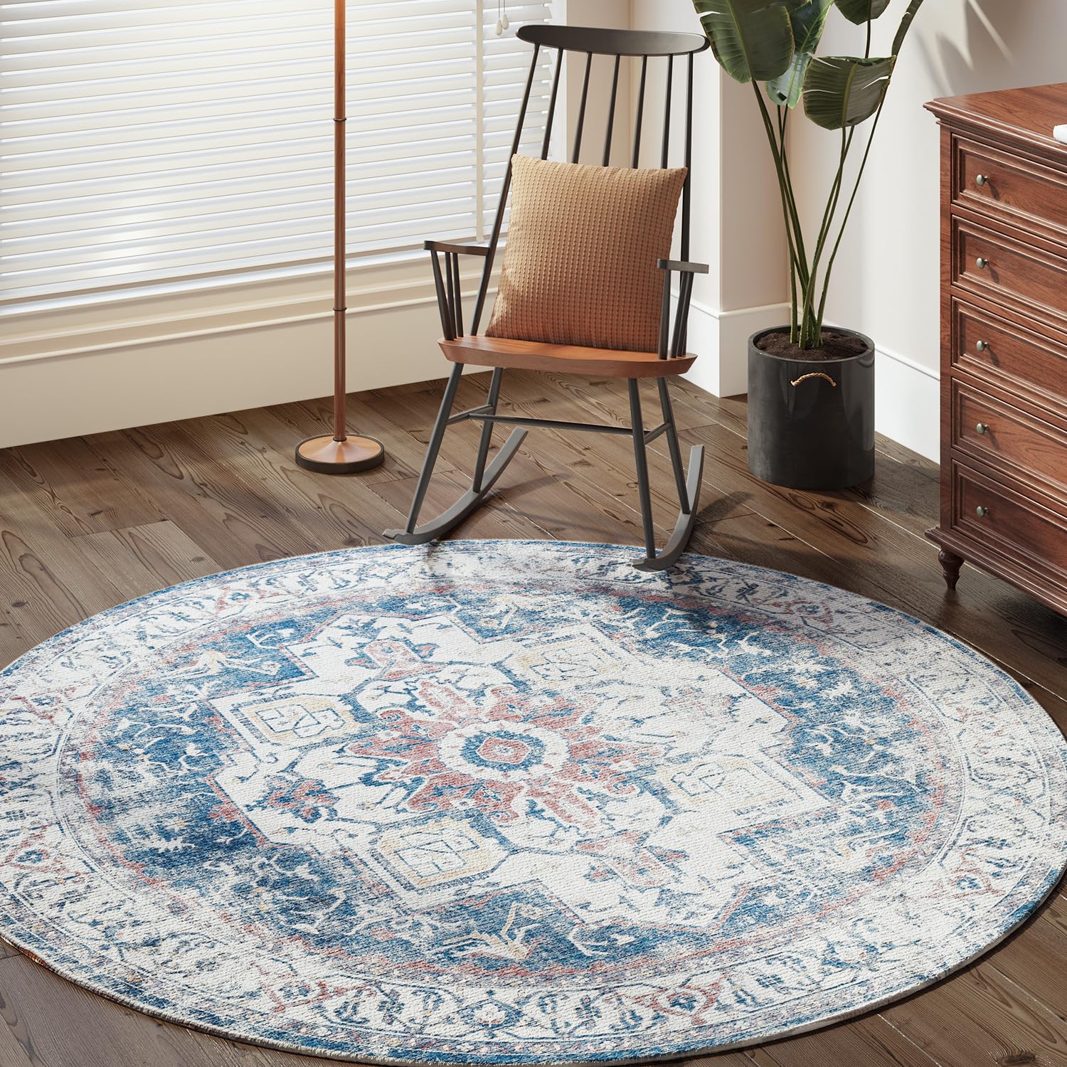 TOPICK Round Rug 150cm Machine Washable Vintage Rug Navy Blue Multi Carpet Thin Non Slip Circle Carpet for Kitchen Living Room Bedroom Dining Room Hall