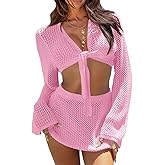Fisoew Womens Crochet Swimsuit Coverups 2 Piece Bathing Suit Cover Up Long Sleeve Tie Front Crop Top Mini Skirt Sets