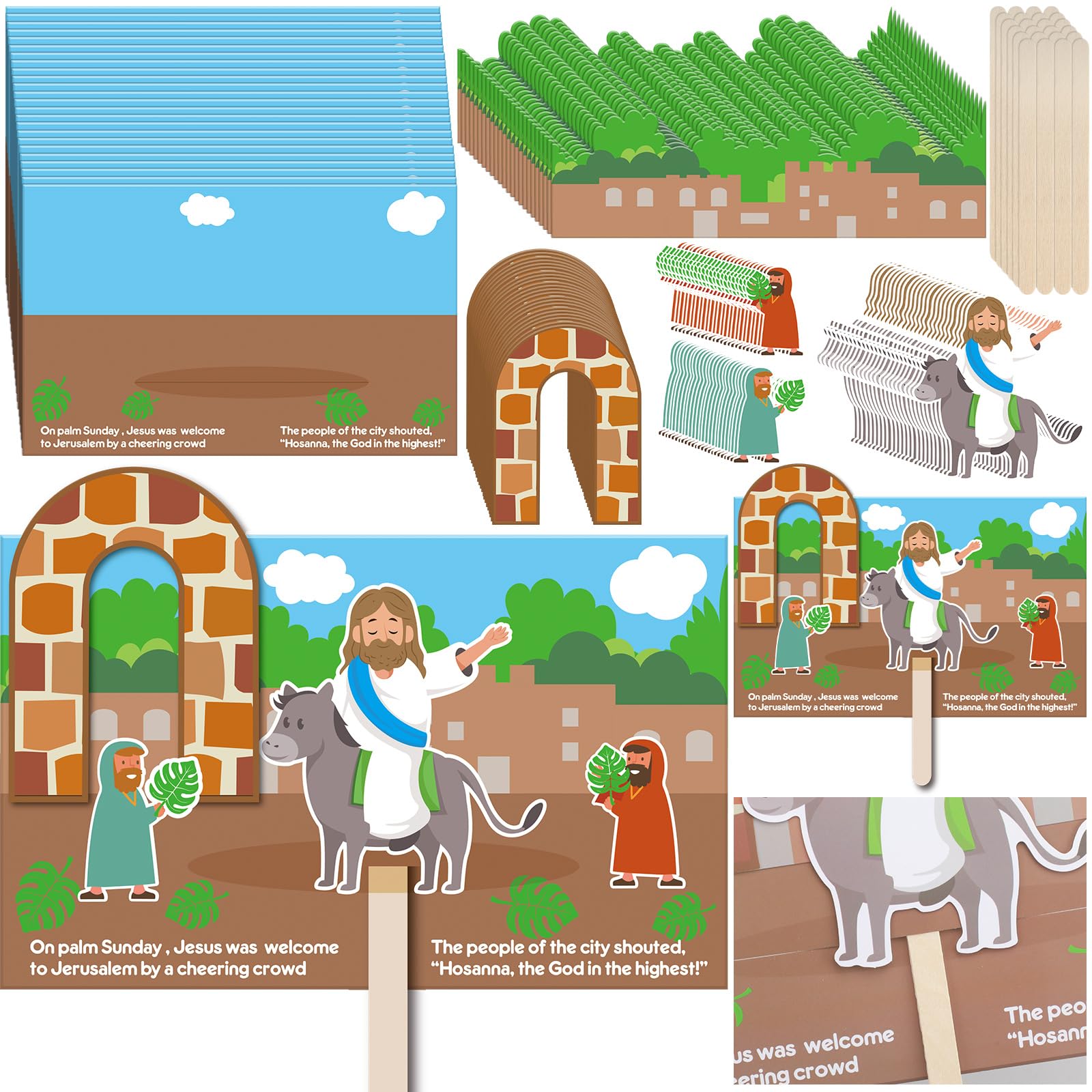 Lunmon 24 Sets Easter Craft for Kids Bulk Jesus Enters Jerusalem Craft Kit with Pre Printed with The Story of Jesus Entering Jerusalem Small Wooden Stick for Easter Sunday School Classroom Activities