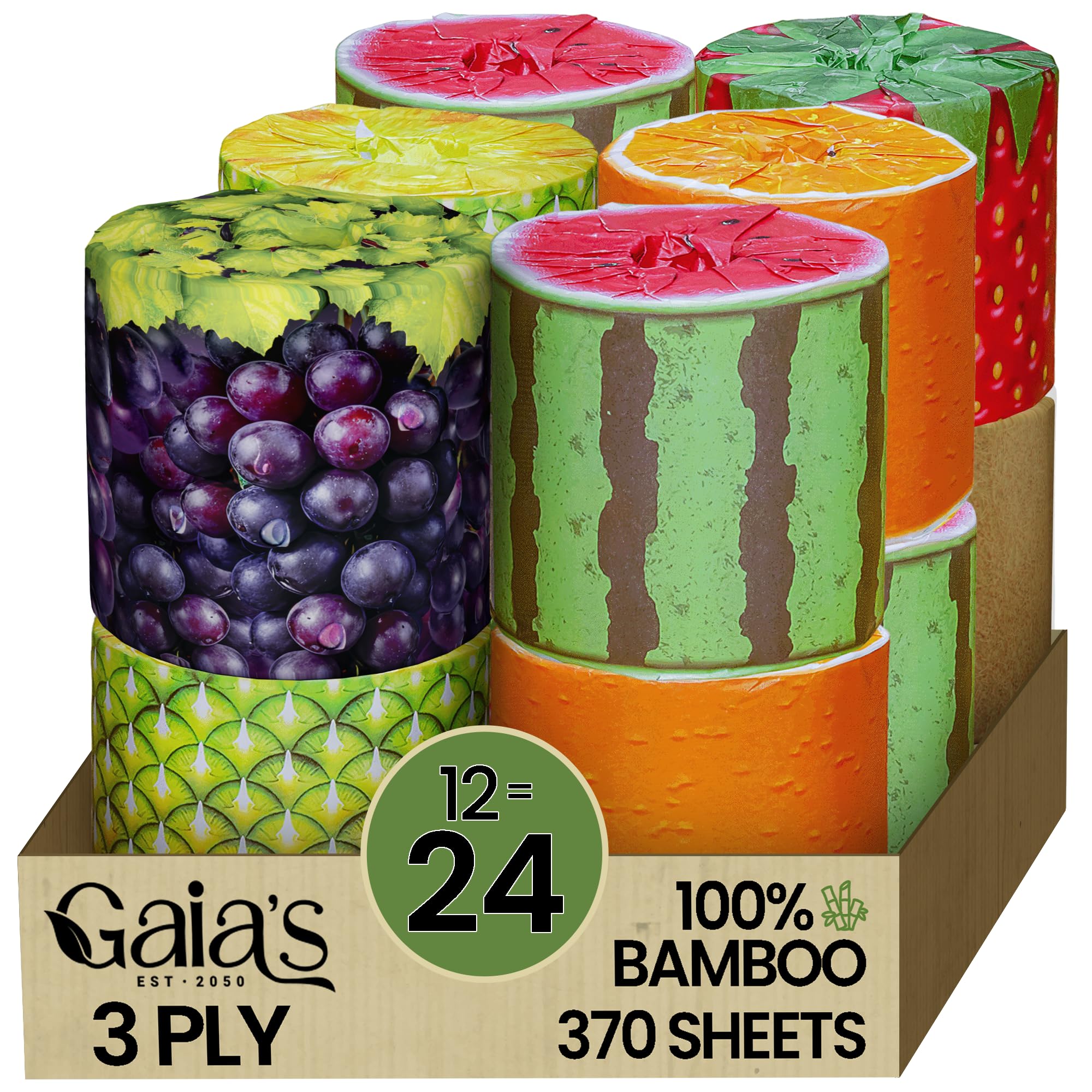 Photo 1 of **MISSING 6** Gaias Premium and Soft Fruit TP Organic Bamboo Toilet Paper | 12 Mega Rolls, 3 Ply, 370 Sheets | FSC Certified, PFAS & BPA Free, Eco-Friendly, Sustainable Tissue - Plastic Free, Septic Safe, Vegan